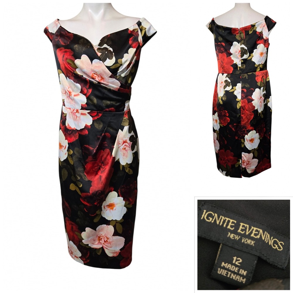 Ignite Evenings Floral Off Shoulder Sheath Dress Black/Red Sz 12 cocktail gala